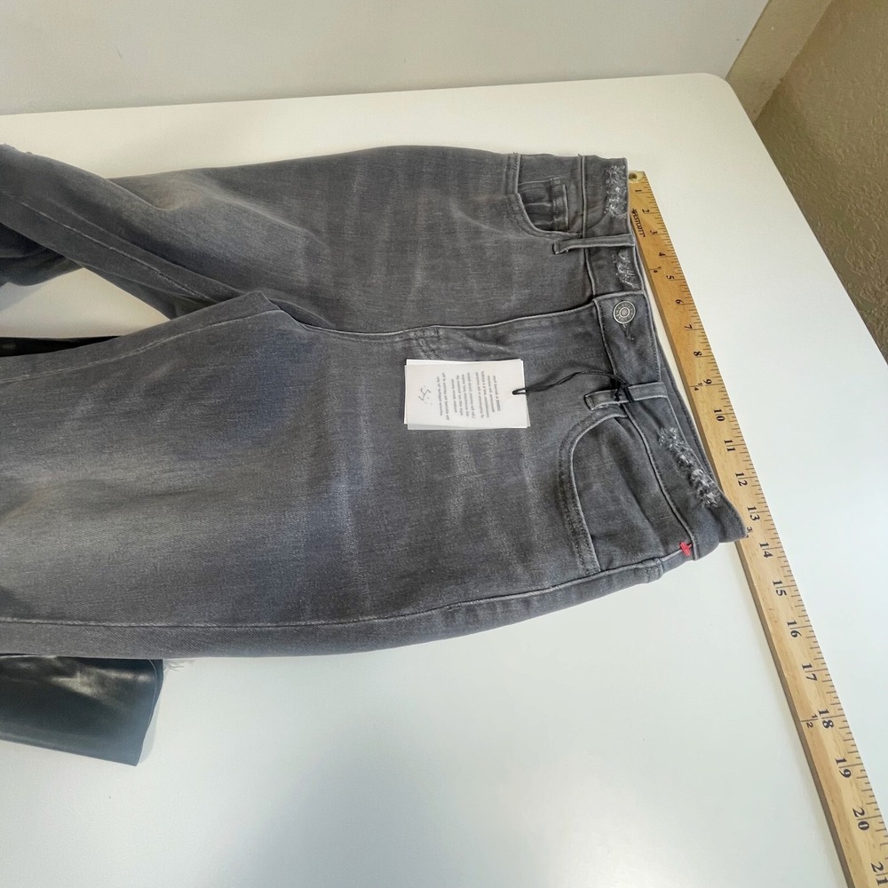 CEROS Womens Super High Rise Flare Jeans Distressed Gray 27 Leather Trim NEW - Picture 10 of 13